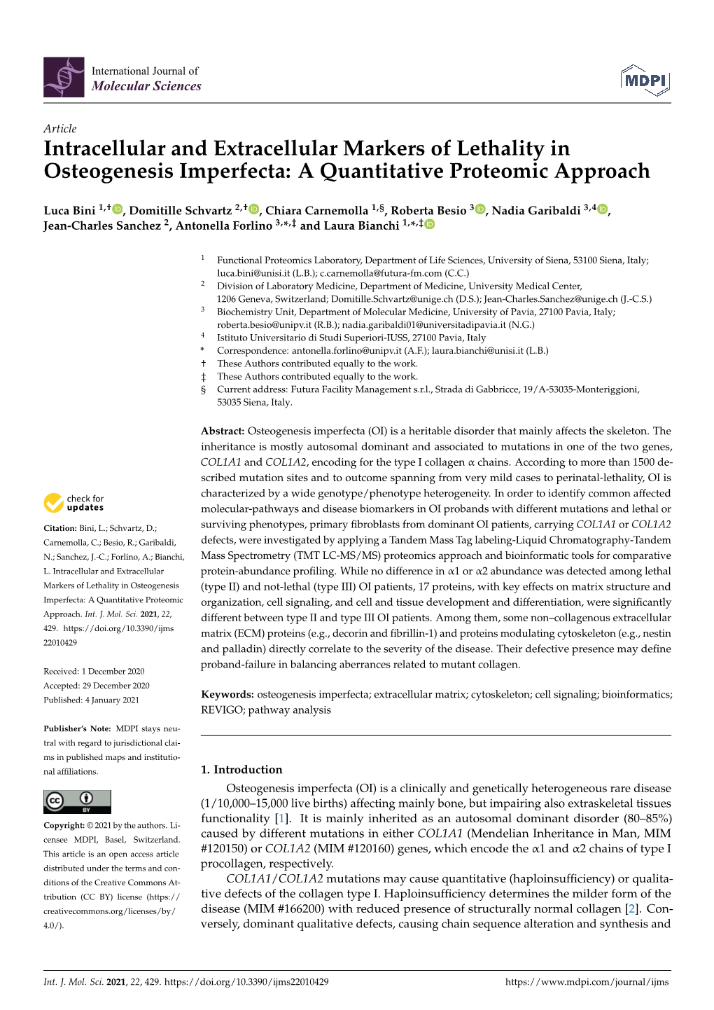 Intracellular and Extracellular Markers of Lethality in Osteogenesis Imperfecta: a Quantitative Proteomic Approach