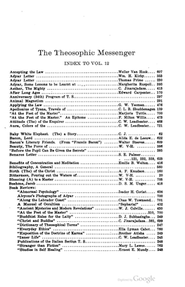 Theosophic Messenger V12 Index 1910-11