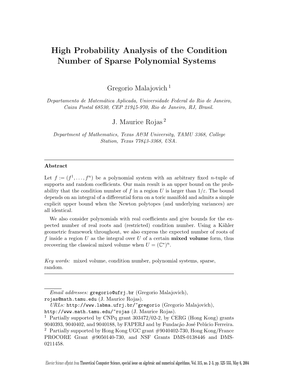High Probability Analysis of the Condition Number of Sparse Polynomial Systems