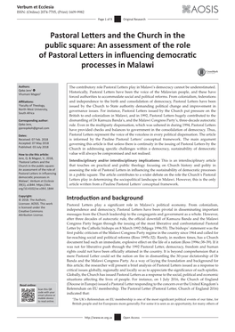 Pastoral Letters and the Church in the Public Square: an Assessment of the Role of Pastoral Letters in Influencing Democratic Processes in Malawi