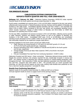 Cablevision Systems Corporation Reports Fourth Quarter and Full Year 2008 Results