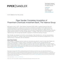Piper Sandler Completes Acquisition of Preeminent Chemicals Investment Bank, the Valence Group