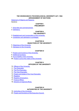 The Visvesvaraya Techonological University Act, 1994 Arrangement of Sections 1