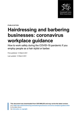 Hairdressing and Barbering Businesses: Coronavirus Workplace Guidance How to Work Safely During the COVID-19 Pandemic If You Employ People As a Hair Stylist Or Barber