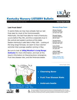 Kentucky Nursery LISTSERV Bulletin University of Kentucky Nursery Crops Team End of April 2016