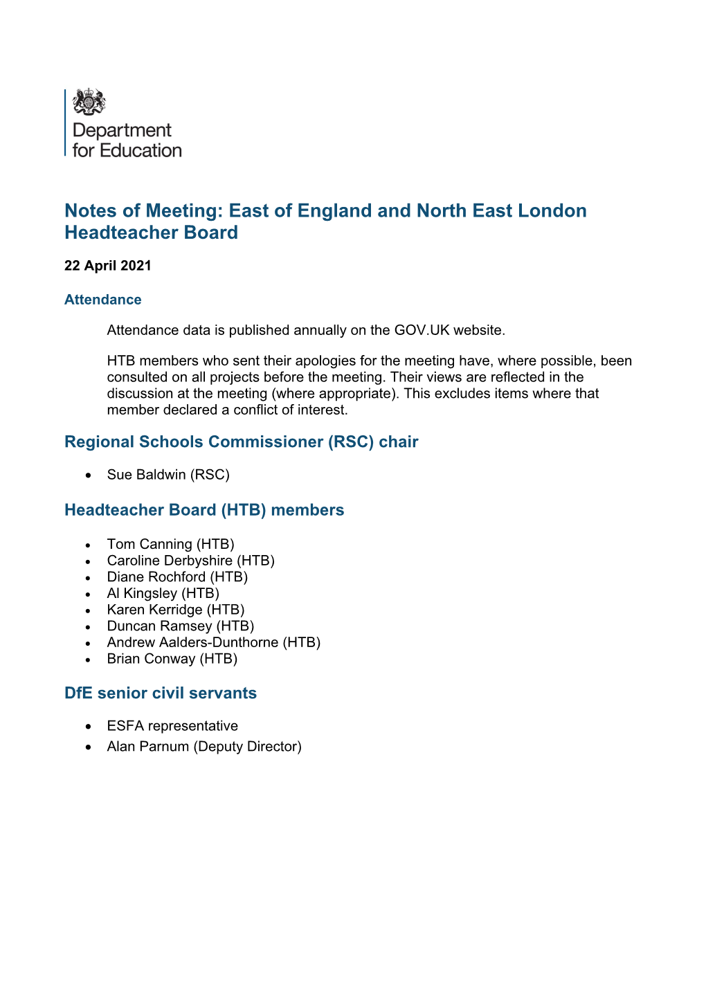 Notes of Meeting: East of England and North East London Headteacher Board