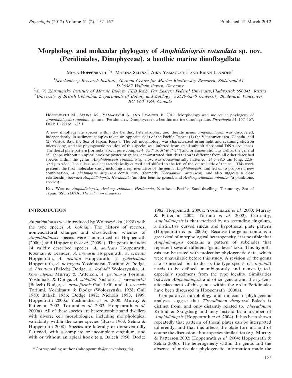 Morphology and Molecular Phylogeny of Amphidiniopsis Rotundata Sp