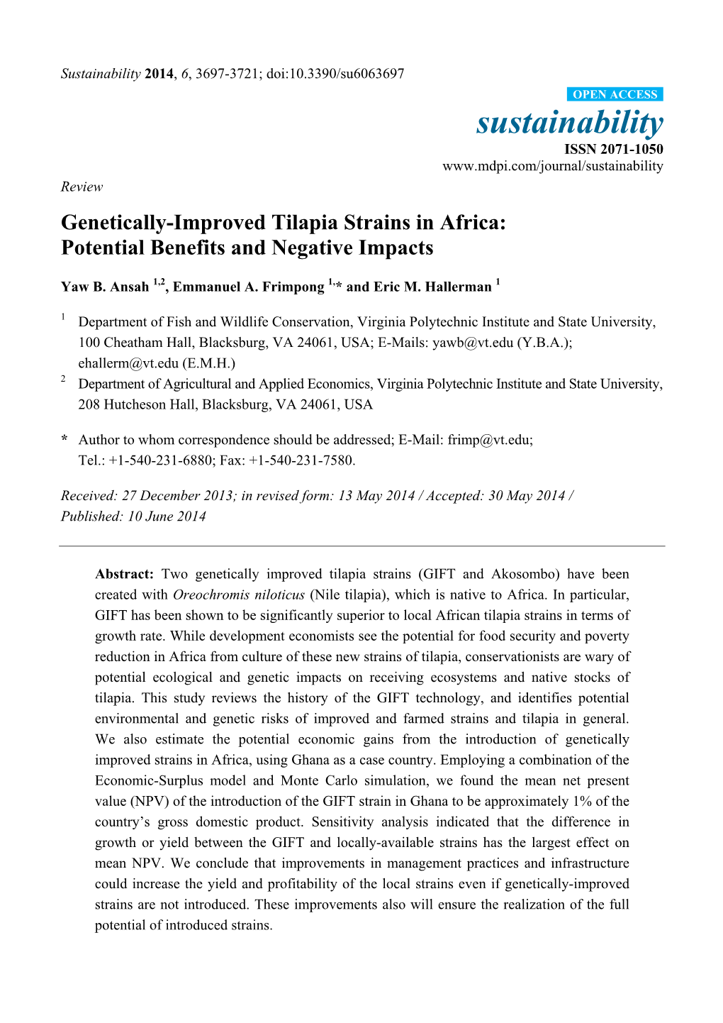 Genetically-Improved Tilapia Strains in Africa: Potential Benefits and Negative Impacts