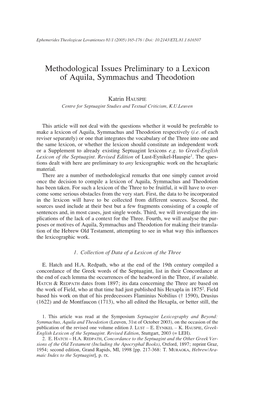 Methodological Issues Preliminary to a Lexicon of Aquila, Symmachus and Theodotion