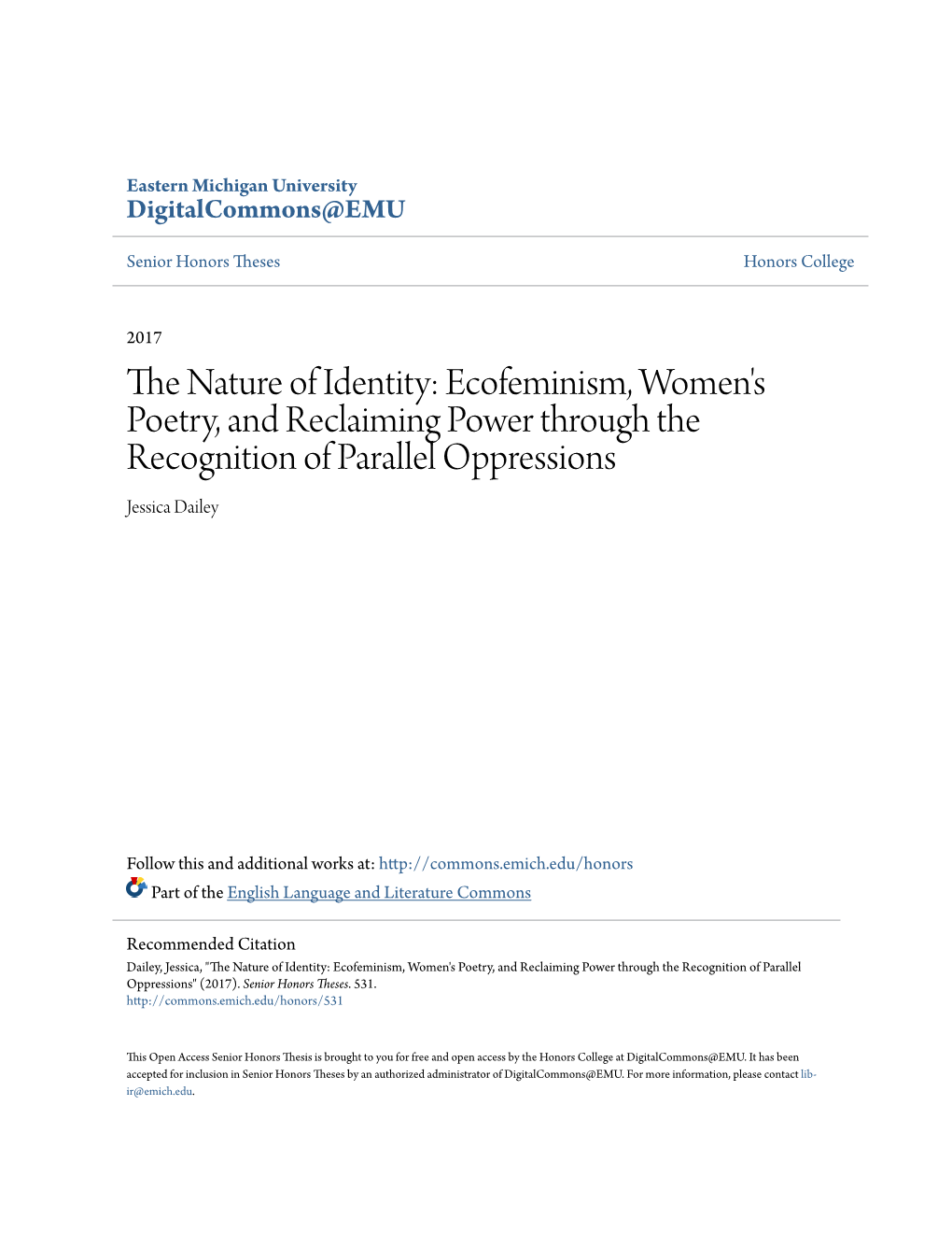 The Nature of Identity: Ecofeminism, Women's Poetry, and Reclaiming