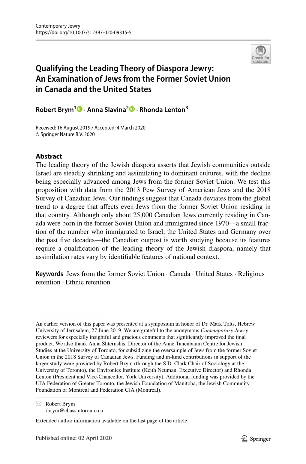 FSU Jews in US and Canada (Brym, Slavina, Lenton)