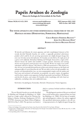 The Venom Apparatus and Other Morphological Characters of the Ant Martialis Heureka (Hymenoptera, Formicidae, Martialinae)