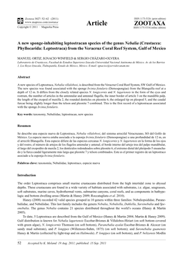 A New Sponge-Inhabiting Leptostracan Species of the Genus Nebalia (Crustacea: Phyllocarida: Leptostraca) from the Veracruz Coral Reef System, Gulf of Mexico