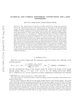Arxiv:1403.3712V6 [Math.NT] 18 Aug 2015 the Q1 Coeﬃcient of J(Τ), Can Be Expressed As a Linear Combination of Dimensions of Irreducible
