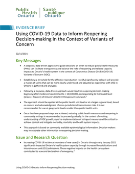 EVIDENCE BRIEF Using COVID-19 Data to Inform Reopening Decision-Making in the Context of Variants of Concern