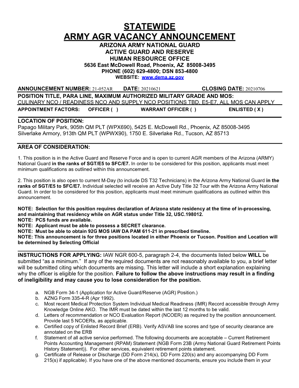 Statewide Army Agr Vacancy Announcement