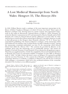 A Lost Medieval Manuscript from North Wales: Hengwrt 33, the Hanesyn Hên