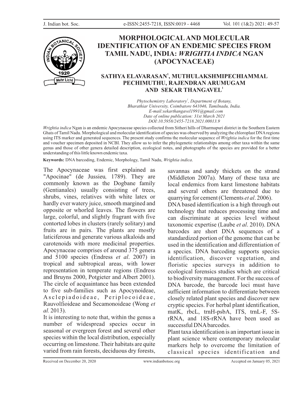 Morphological and Molecular Identification of an Endemic Species from