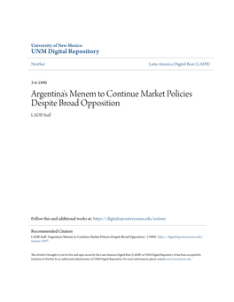 Argentina's Menem to Continue Market Policies Despite Broad Opposition LADB Staff