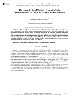 The Impact of Social Media As Promotion Tools Towards Intention to Visit: Case of Batu, Malang, Indonesia