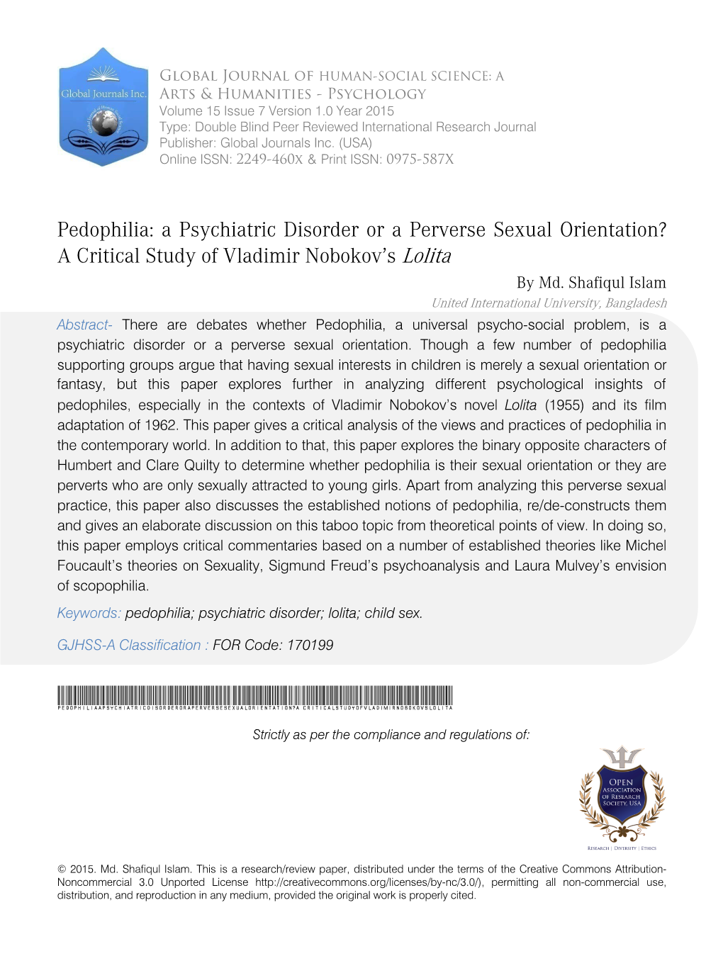 Pedophilia: a Psychiatric Disorder Or a Perverse Sexual Orientation? a Critical Study of Vladimir Nobokov’S Lolita by Md