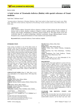 A Brief Review of Terminalia Bellerica (Balela) with Special Reference of Unani Medicine