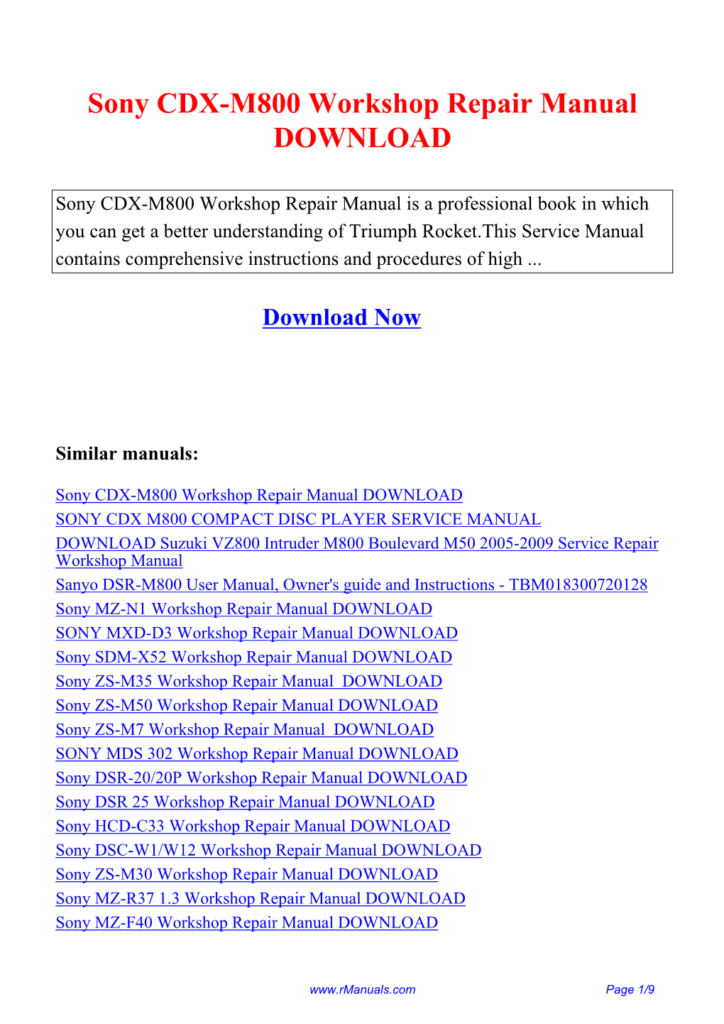 Sony CDX-M800 Workshop Repair Manual DOWNLOAD