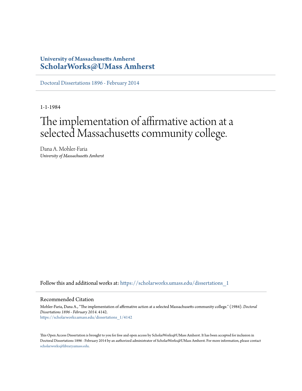 The Implementation of Affirmative Action at a Selected Massachusetts Community College