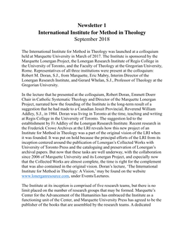 International Institute for Method in Theology, Newsletter 1