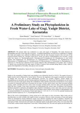 A Preliminary Study on Phytoplankton in Fresh Water-Lake of Gogi, Yadgir District, Karnataka