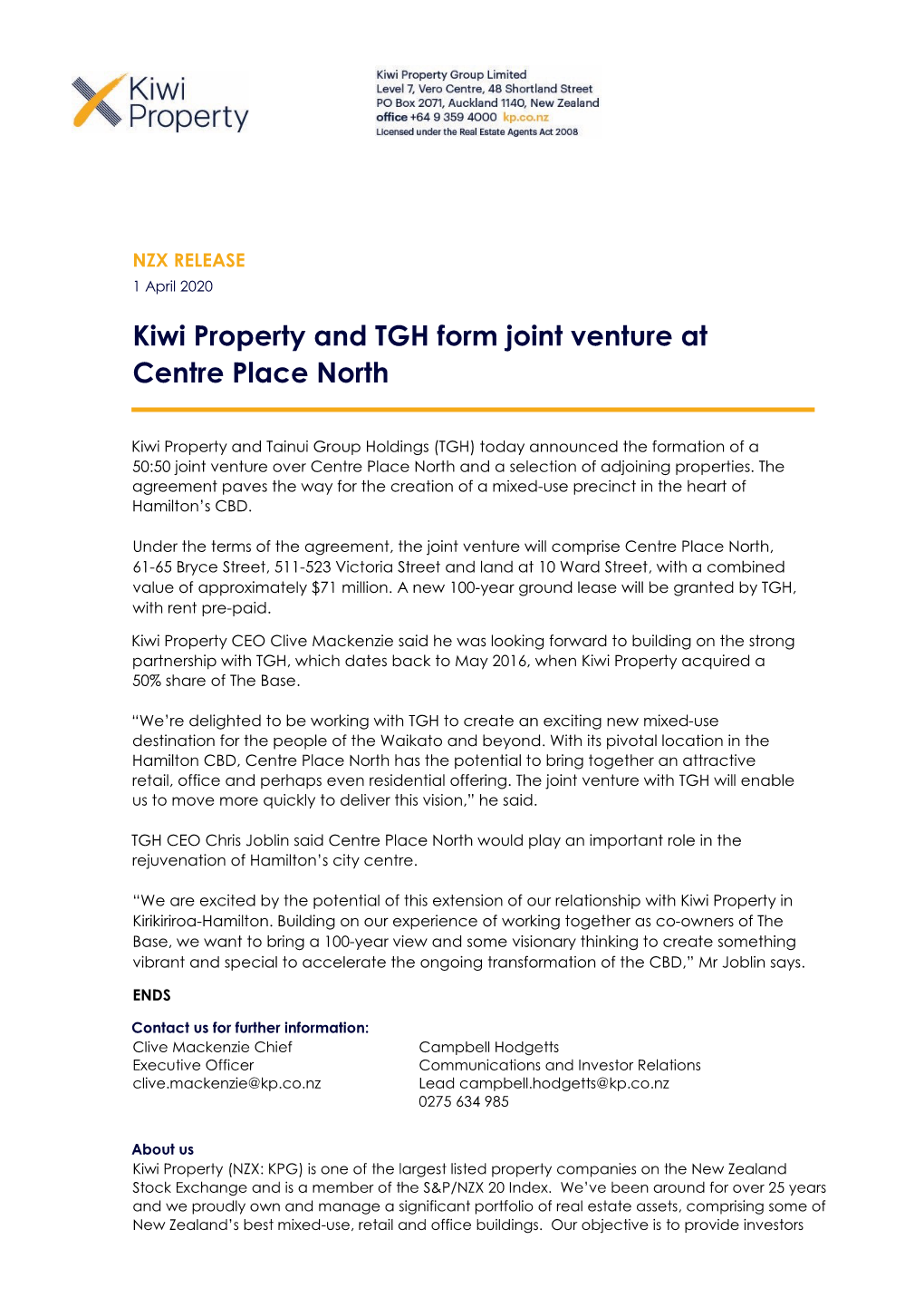 Kiwi Property and TGH Form Joint Venture at Centre Place North