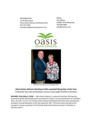 Oasis Senior Advisors Northwest Ohio Awarded Rising Star of the Year Franchisee Has Seen Tremendous Success in Just Eight Months in Business