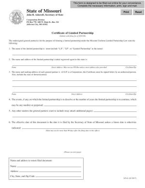 Certificate of Limited Partnership (Submit with Filing Fee of $105.00)
