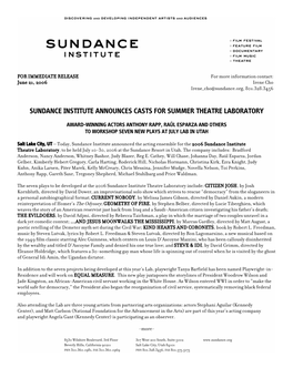 Sundance Institute Announces Casts for Summer Theatre Laboratory