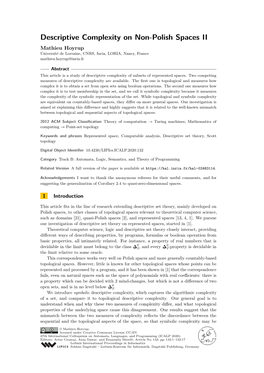 Descriptive Complexity on Non-Polish Spaces II Mathieu Hoyrup Université De Lorraine, CNRS, Inria, LORIA, Nancy, France Mathieu.Hoyrup@Inria.Fr