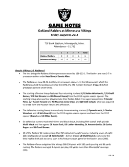 GAME NOTES Oakland Raiders at Minnesota Vikings Friday, August 8, 2014
