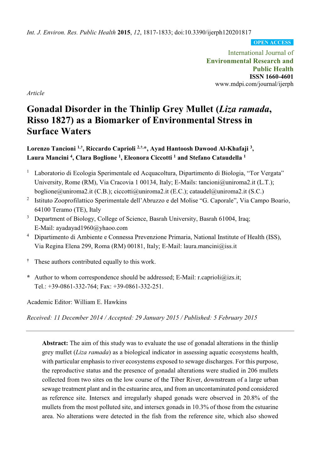 Gonadal Disorder in the Thinlip Grey Mullet (Liza Ramada, Risso 1827) As a Biomarker of Environmental Stress in Surface Waters