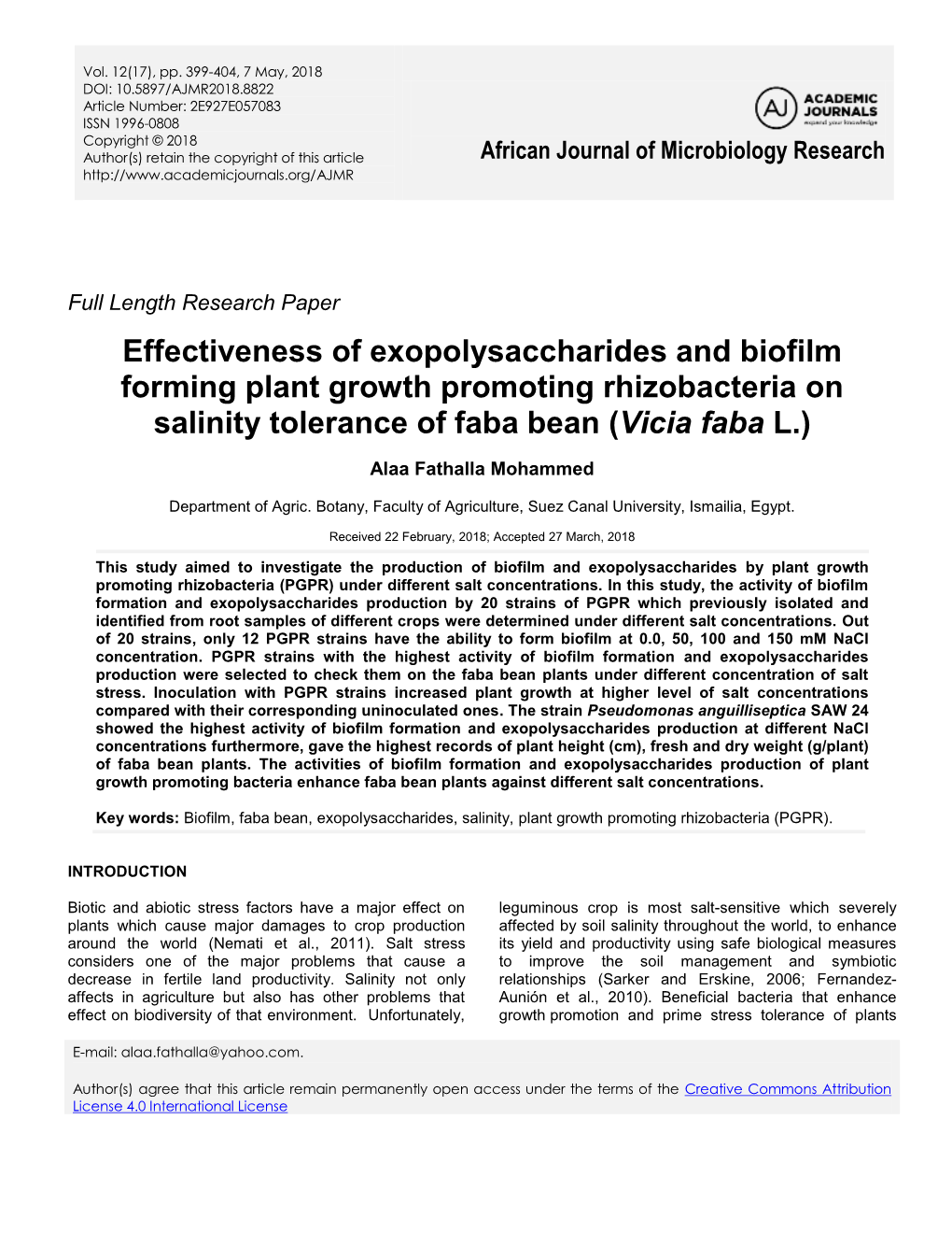 Effectiveness of Exopolysaccharides and Biofilm Forming Plant Growth Promoting Rhizobacteria on Salinity Tolerance of Faba Bean (Vicia Faba L.)