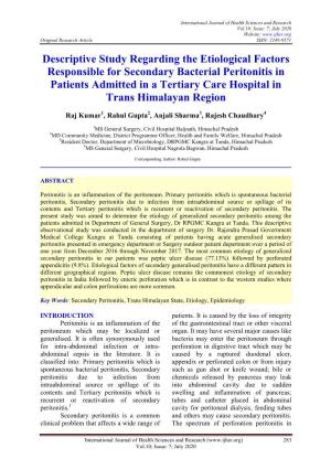 Descriptive Study Regarding the Etiological Factors Responsible for Secondary Bacterial Peritonitis in Patients Admitted in a Te