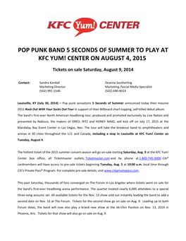 Pop Punk Band 5 Seconds of Summer to Play at Kfc Yum! Center on August 4, 2015