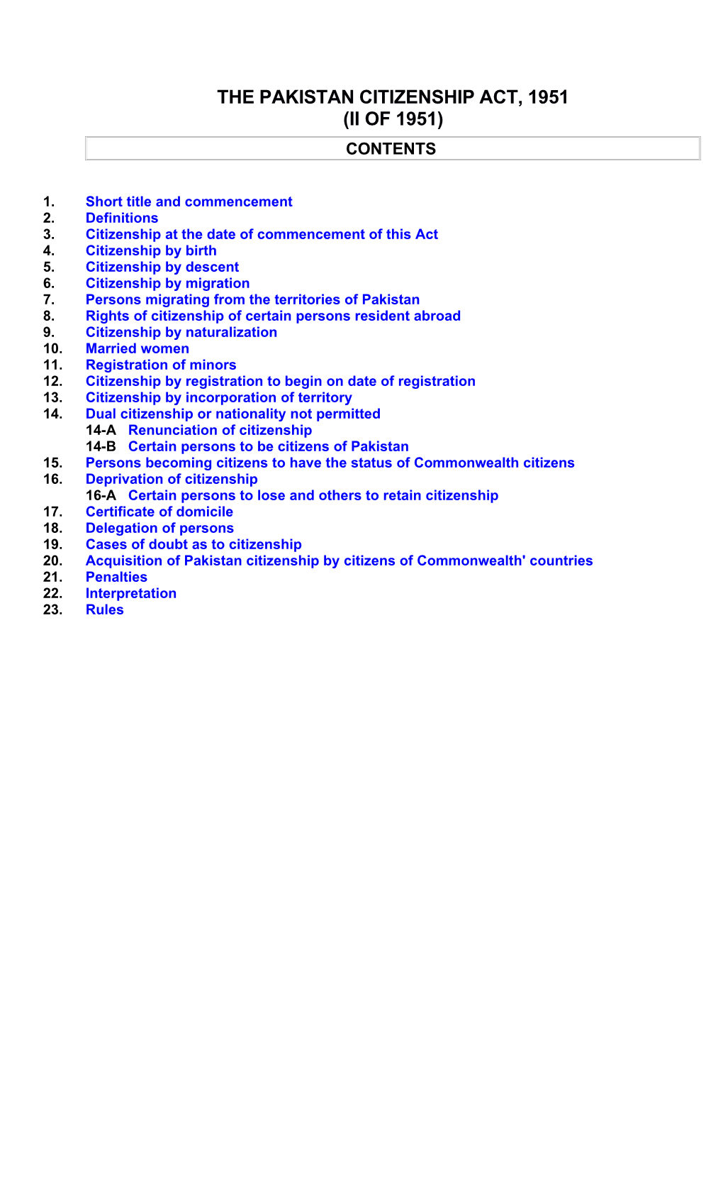 The Pakistan Citizenship Act, 1951 (Ii of 1951) Contents