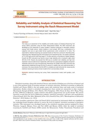 Reliability and Validity Analysis of Statistical Reasoning Test Survey Instrument Using the Rasch Measurement Model