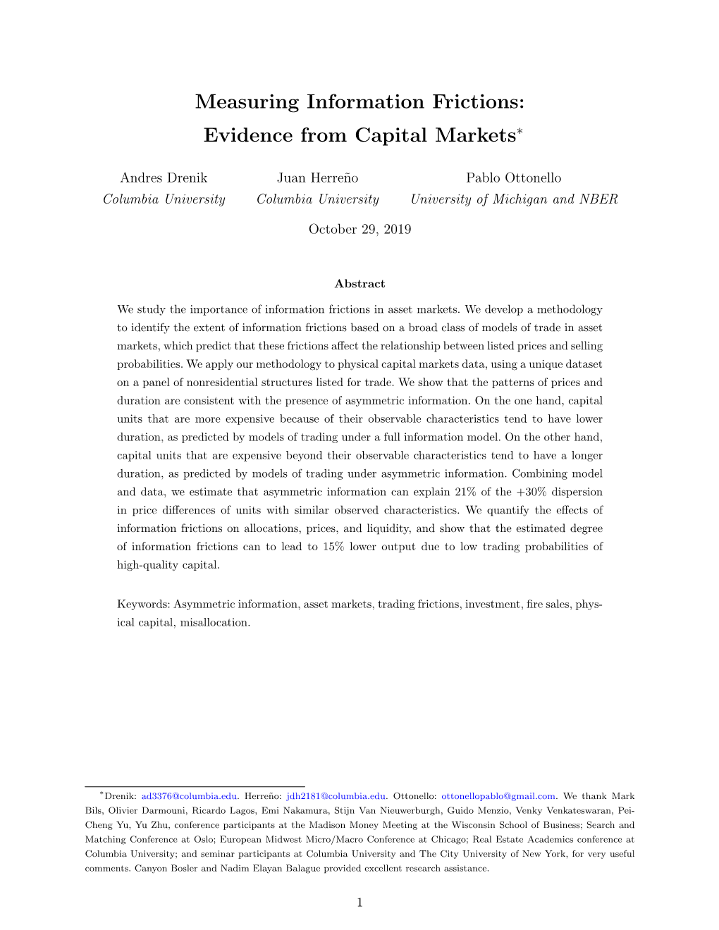 Measuring Information Frictions: Evidence from Capital Markets∗