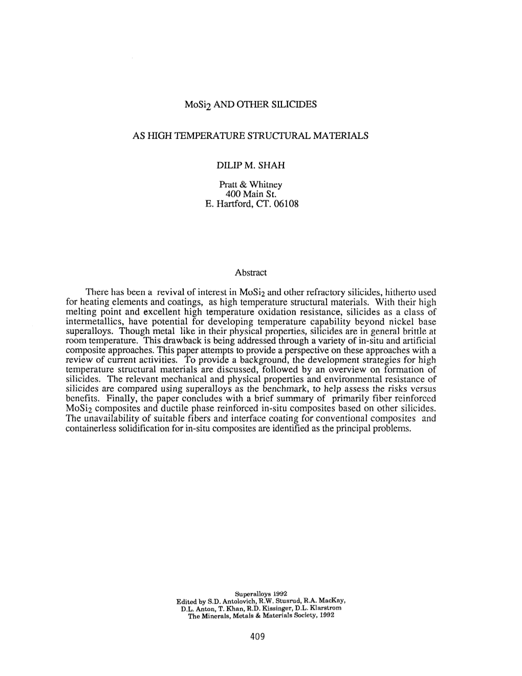 Mosi2 and Other Silicides As High Temperature Structural Materials