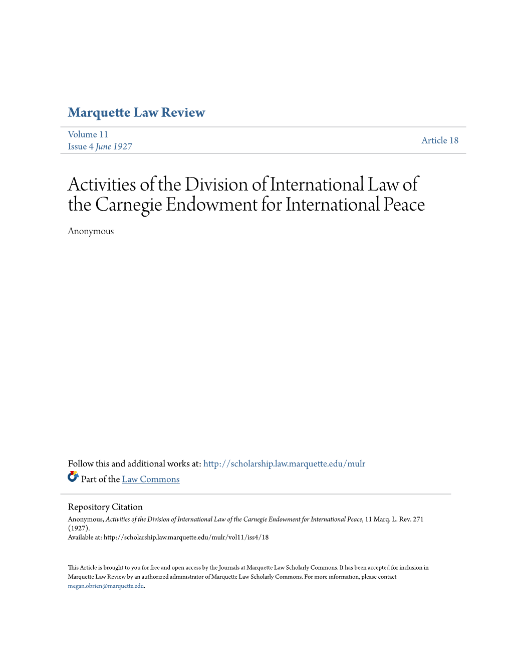 Activities of the Division of International Law of the Carnegie Endowment for International Peace Anonymous