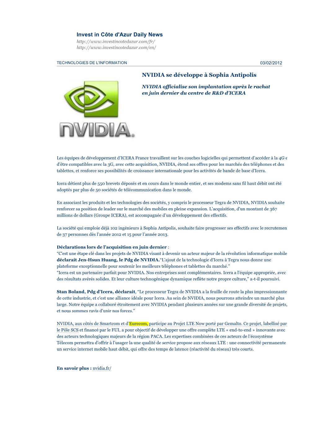 Invest in Côte D'azur Daily News NVIDIA Se Développe À Sophia Antipolis