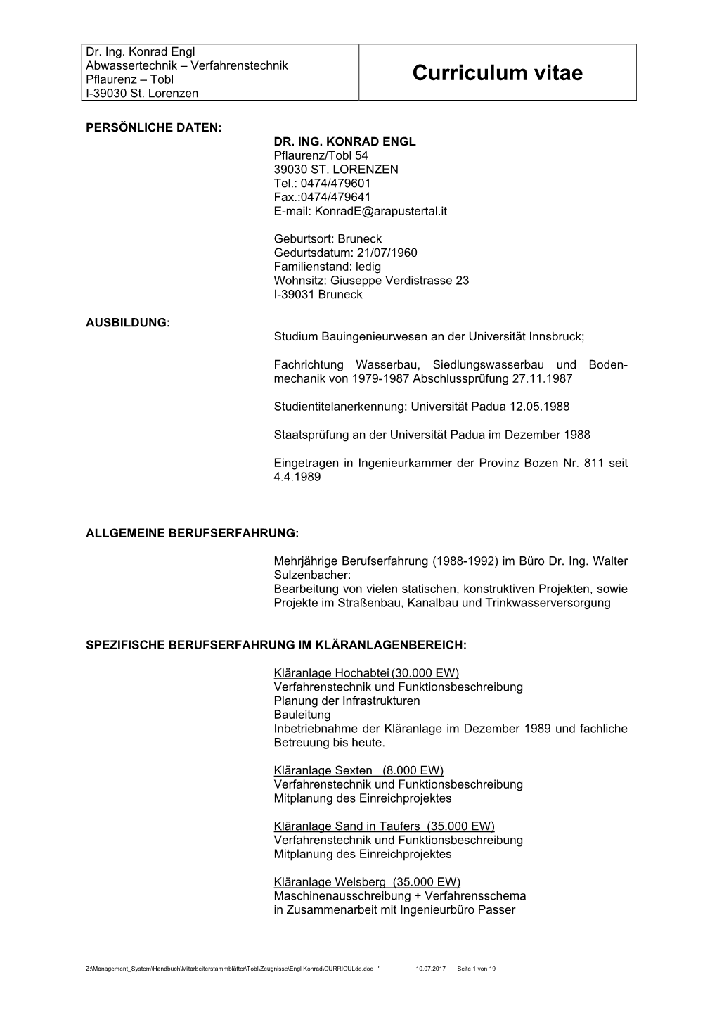 Curriculum Vitae I-39030 St