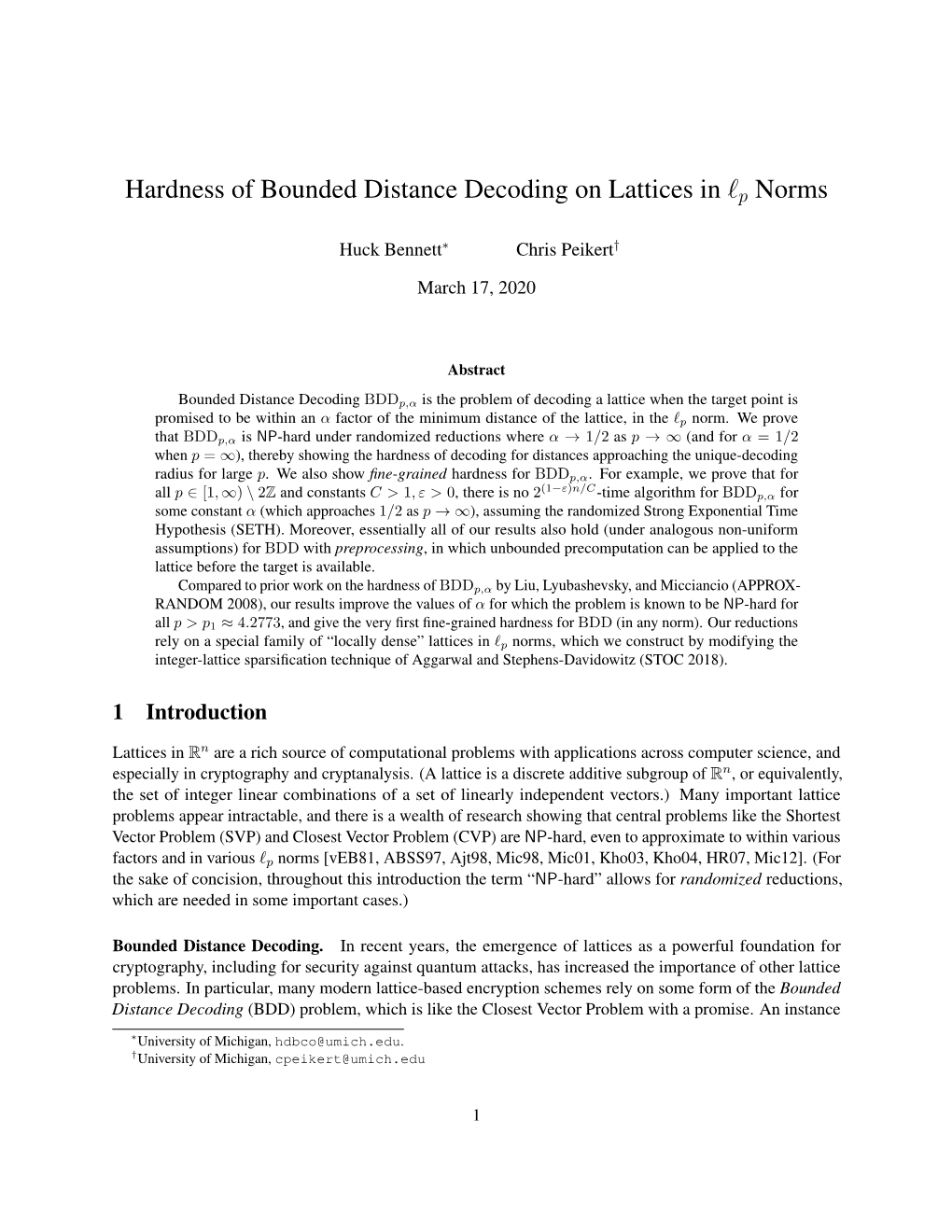 Hardness of Bounded Distance Decoding on Lattices in Lp Norms