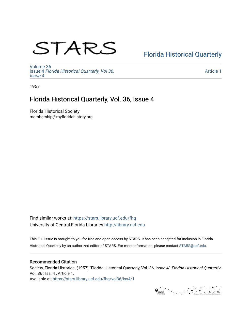 The Florida Historical Quarterly Volume Xxxvi April, 1958 Number 4