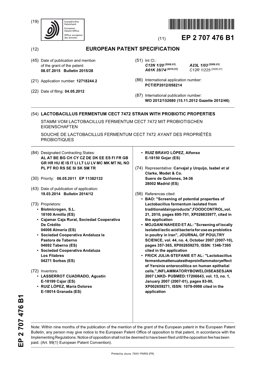 Lactobacillus Fermentum Cect 7472 Strain with Probiotic Properties